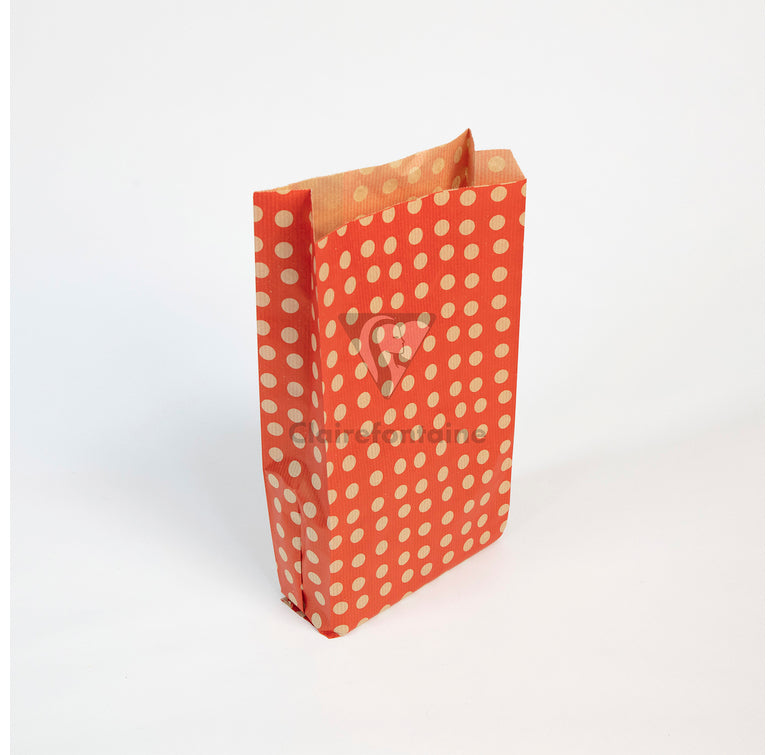 Pochette papier kraft 15x31x6 pois fond rouge- paquet de 50