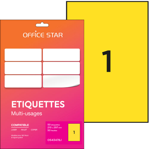 Etiquette 210x297mm jaune  -50feuilles-50 étiquettes