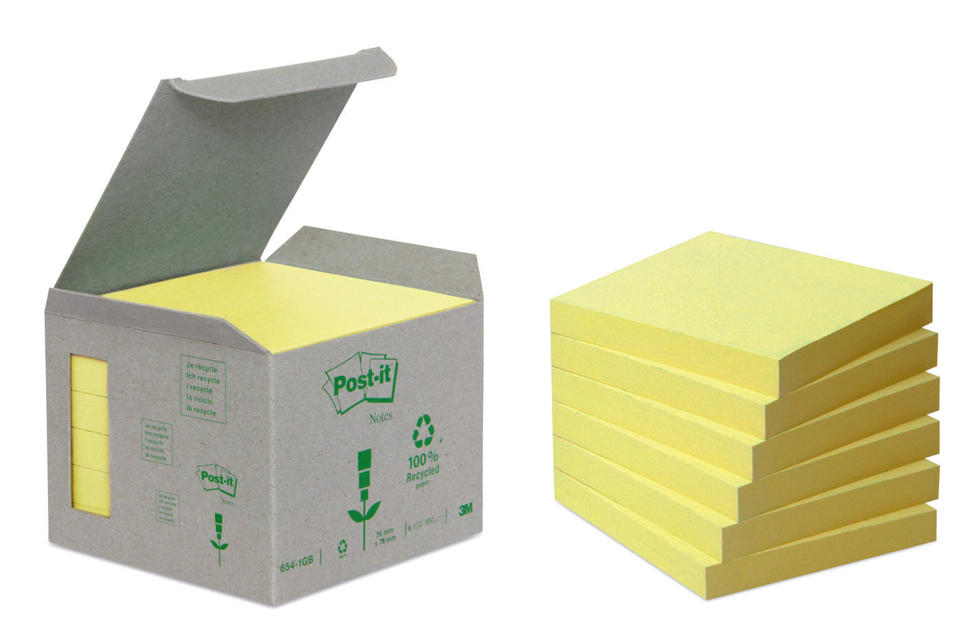 Bloc  Post-it® recyclé 76x76 jaune paquet de 6 blocs
