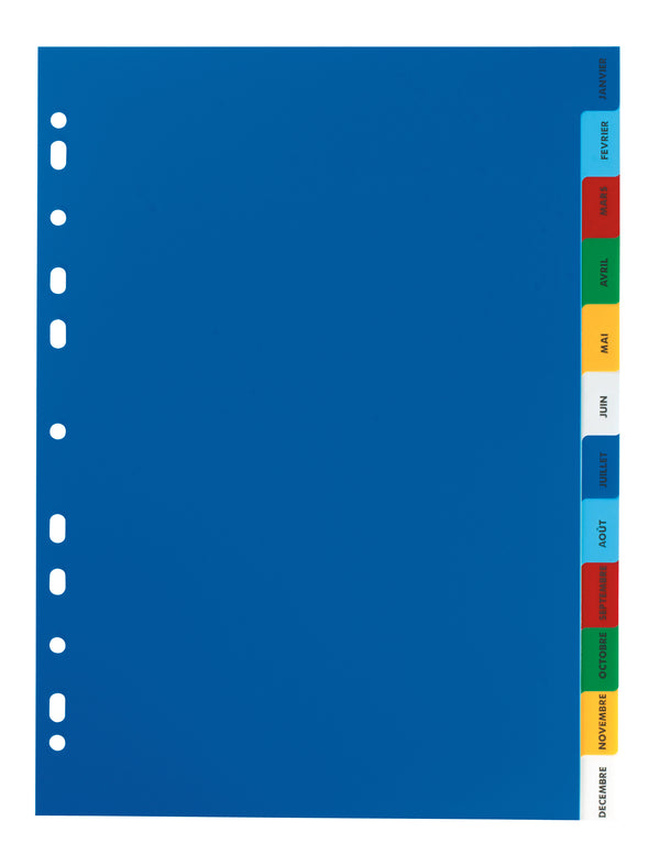 Intercalaires A4 mensuel 12 positions polypro couleur