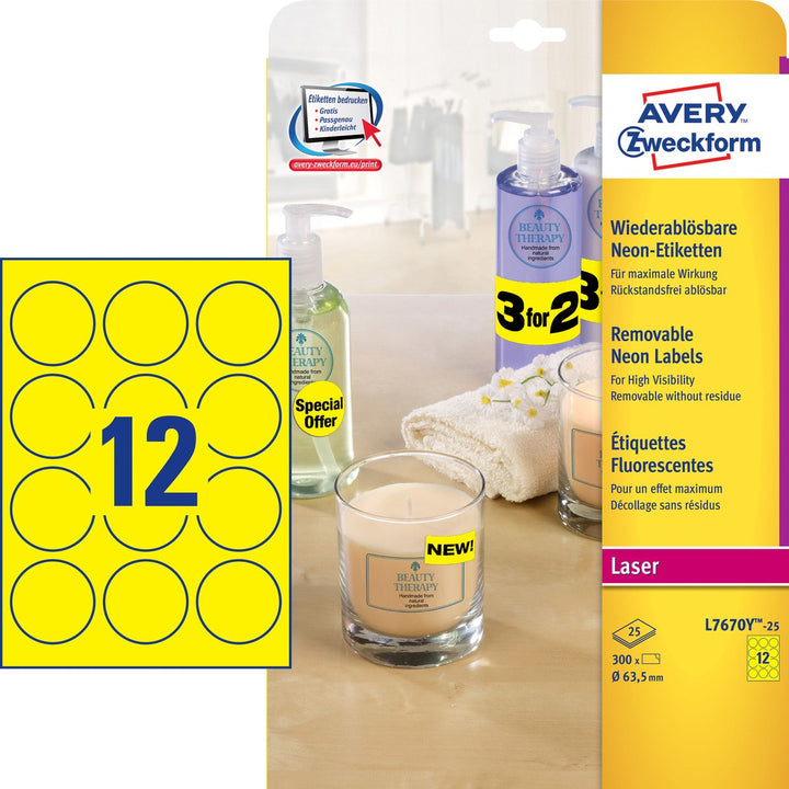 Etiquette ronde repositionnable  jaune fluo diametre 63.5mm- 300 étiquettes