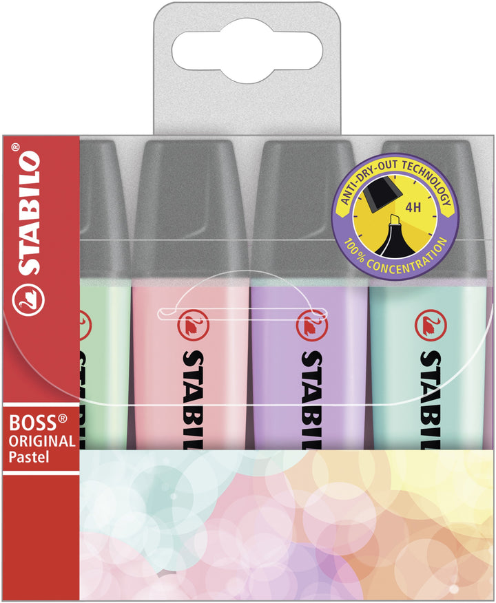 Surligneur Stabilo boss  pastel - pointe biseautée, pack de 4 couleurs