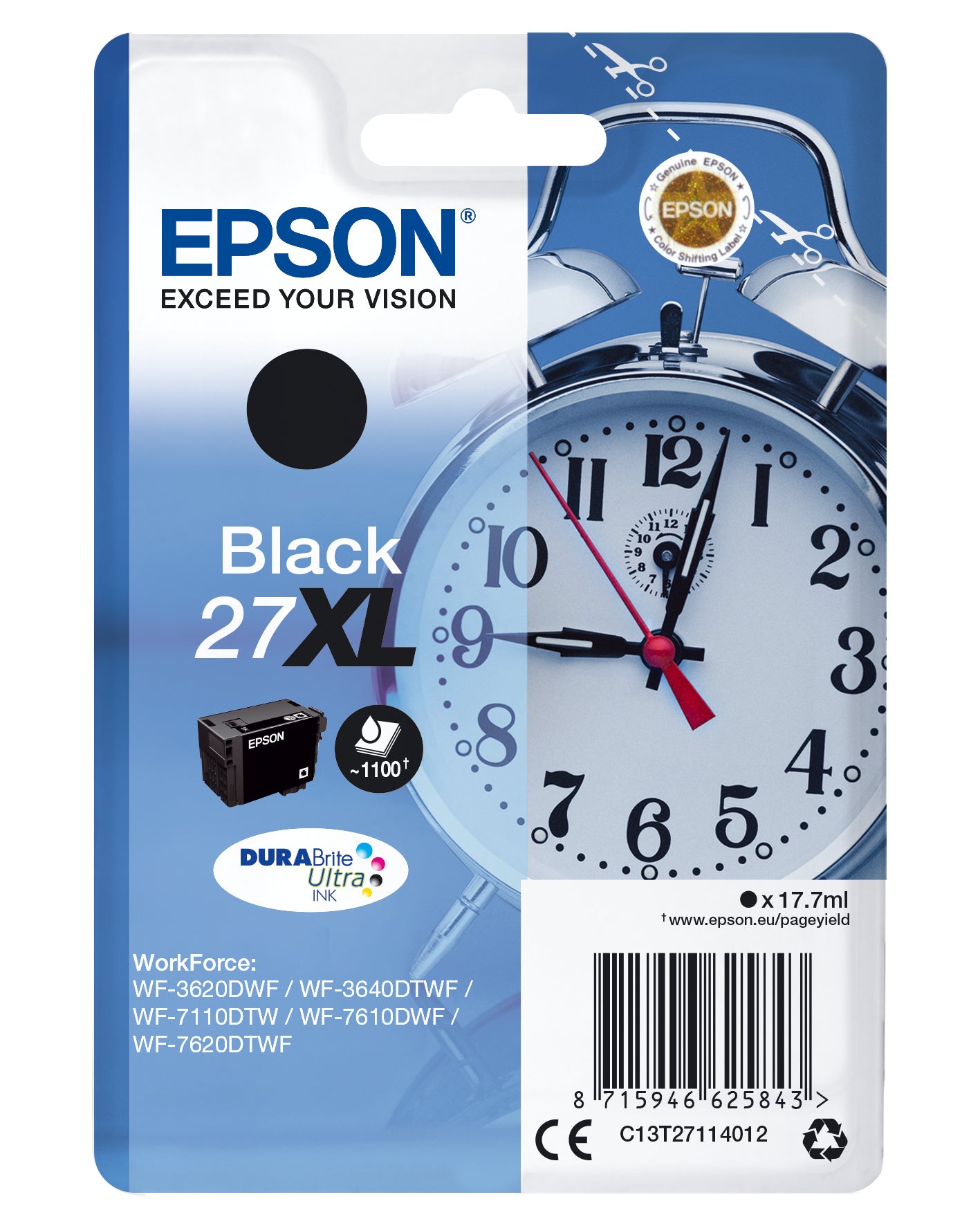 Cartouche d'encre Epson c13t27114 reveil 27xl noire - rendement élevé, 1100 pages