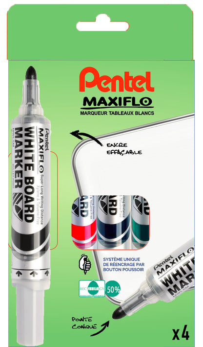 Marqueur tableau blanc maxiflo pointe ogive étui de 4 couleurs assorties