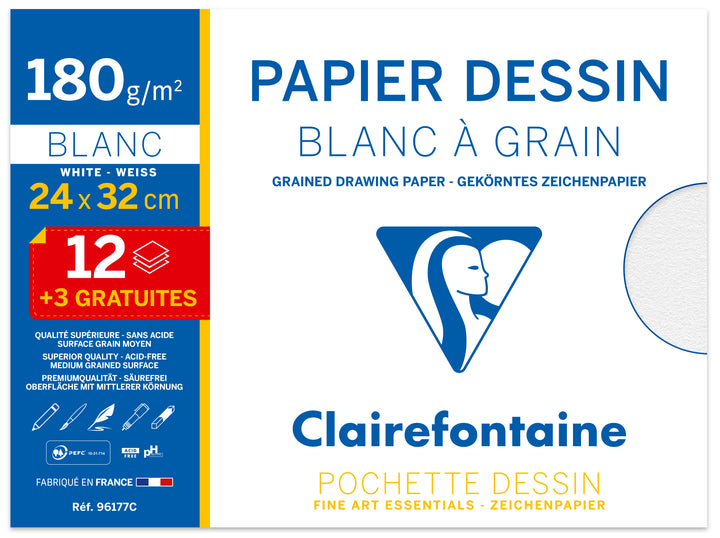 Papier dessin 24x32 -180g 12feuilles +3gratuites