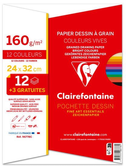 Papier dessin 24x32 couleurs vives assorties -12feuilles+3 gratuites