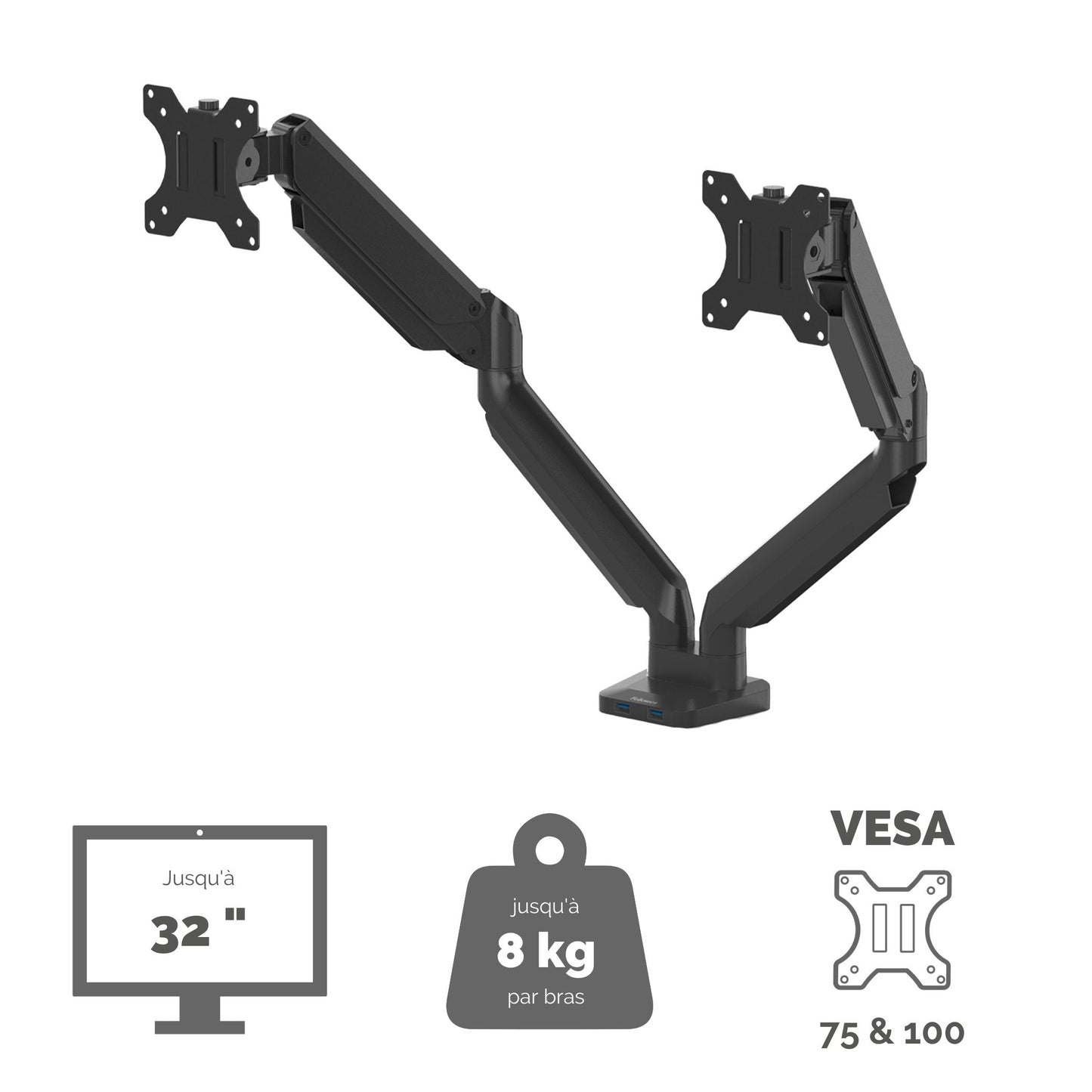 Bras porte-écrans double - réglage facile et ports usb