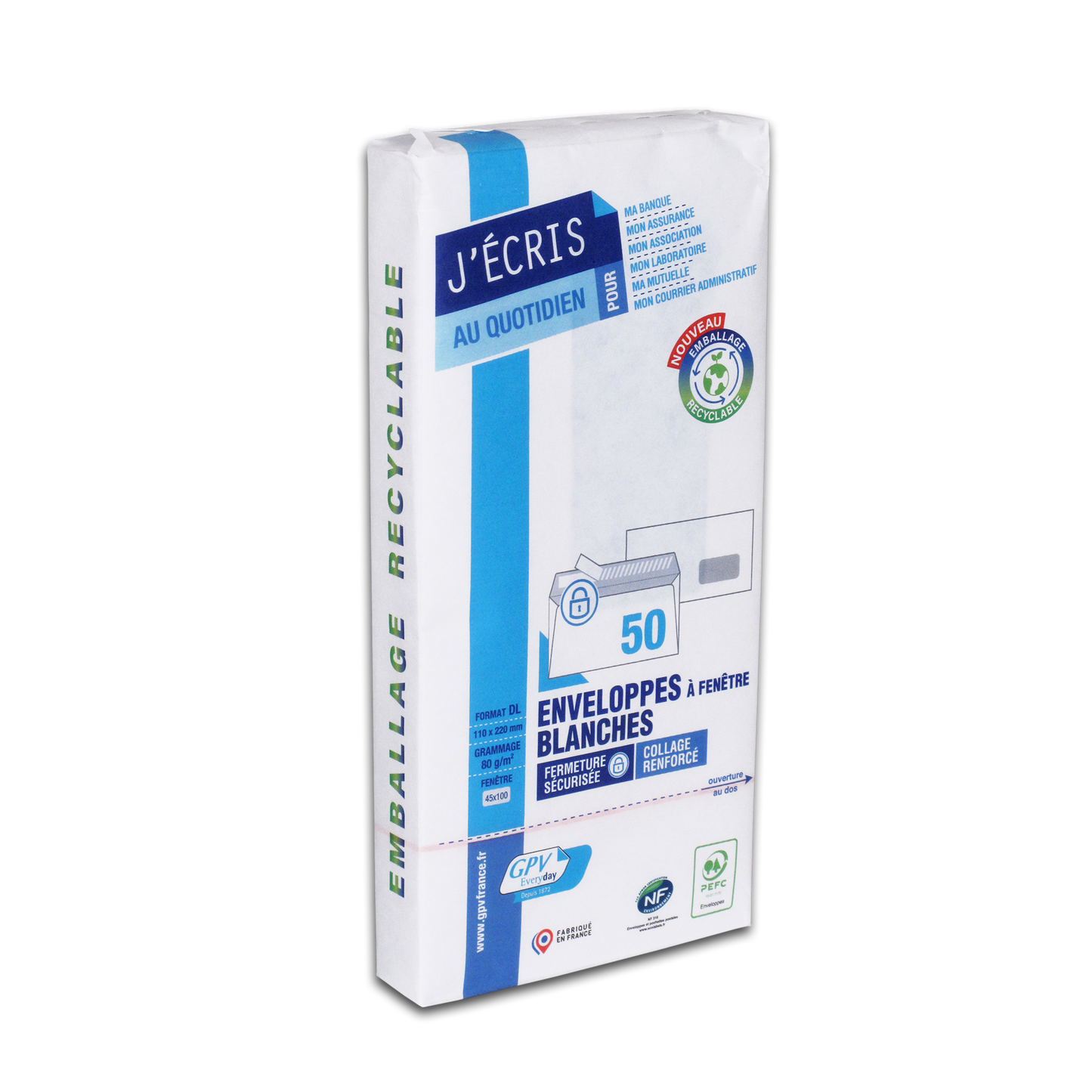 Enveloppes blanc 110x220 bdp 80g fenetre de 45-paquet de 50
