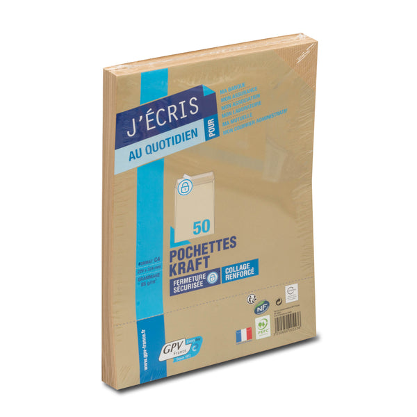 Pochettes d'expédition, C4, 229 x 324 mm, kraft brun paquet de 50