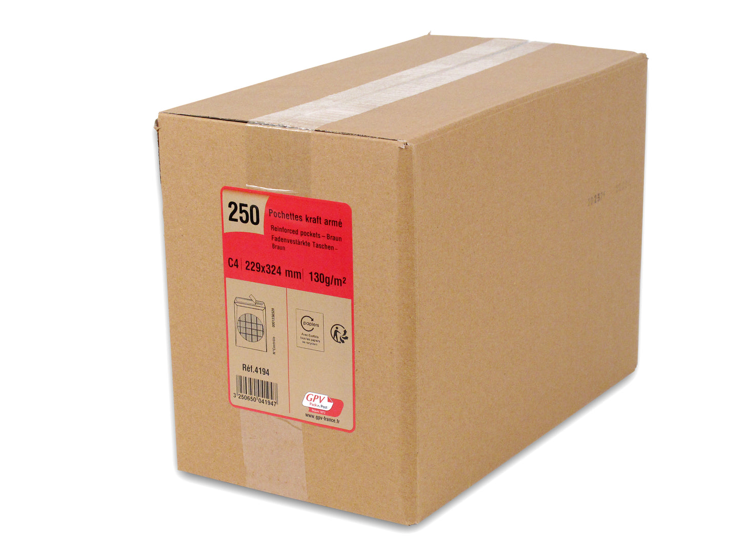 Pochettes d'expédition, C4, 229 x 324 mm, kraft armé-boite de 250