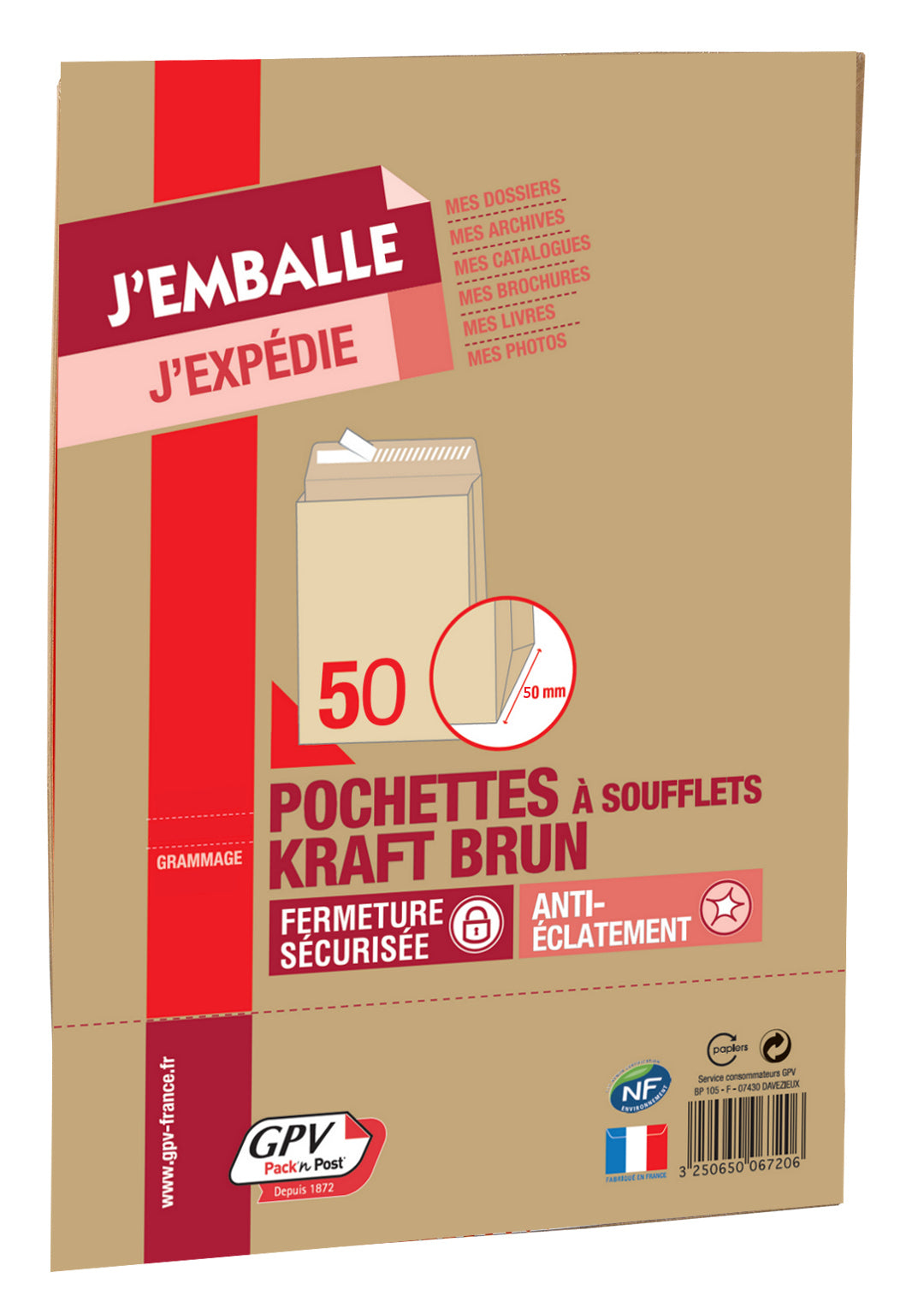 Pochettes expédition 280 x 365 mm, kraft armé ,soufflet de 50mm-paquet de 50