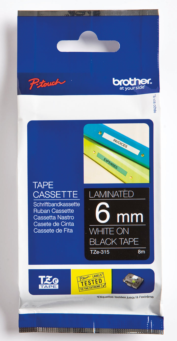 Ruban Brother 6mm TZE315- texte blanc / fond noir