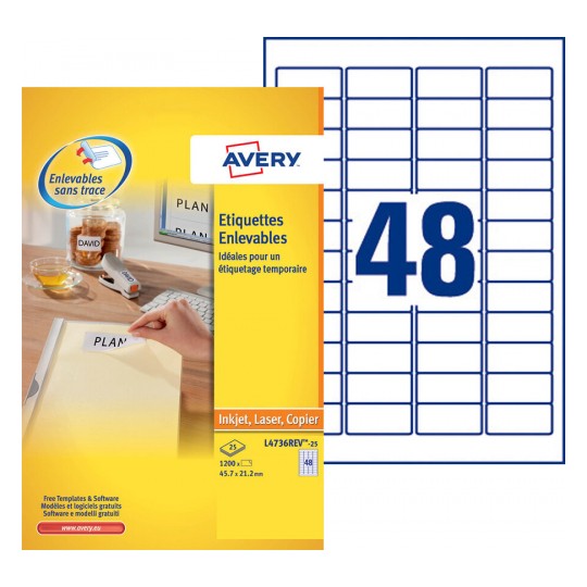 Étiquettes 45,7x21,2 mm L4736- repositionnables et enlevables- boite de 625