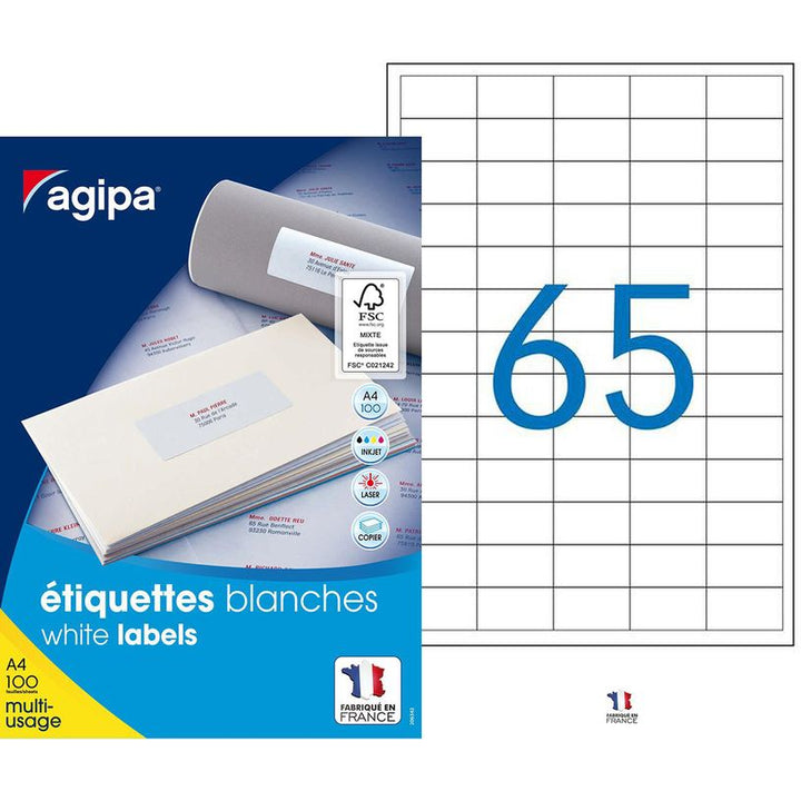 Etiquettes adhésives multi-usages A4 - 38x21,2 mm - 100 Feuilles - 6500 Etiquettes