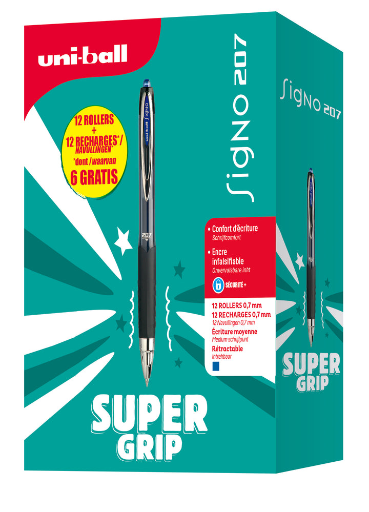stylo roller oller à encre gel signo  rt 207e - pack de  10 stylo + 10 recharges encre bleu
