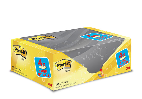 Notes repositionnables Post-it® 3M 655CY-VP20 Jaune Canari 76x127mm LOT de 20