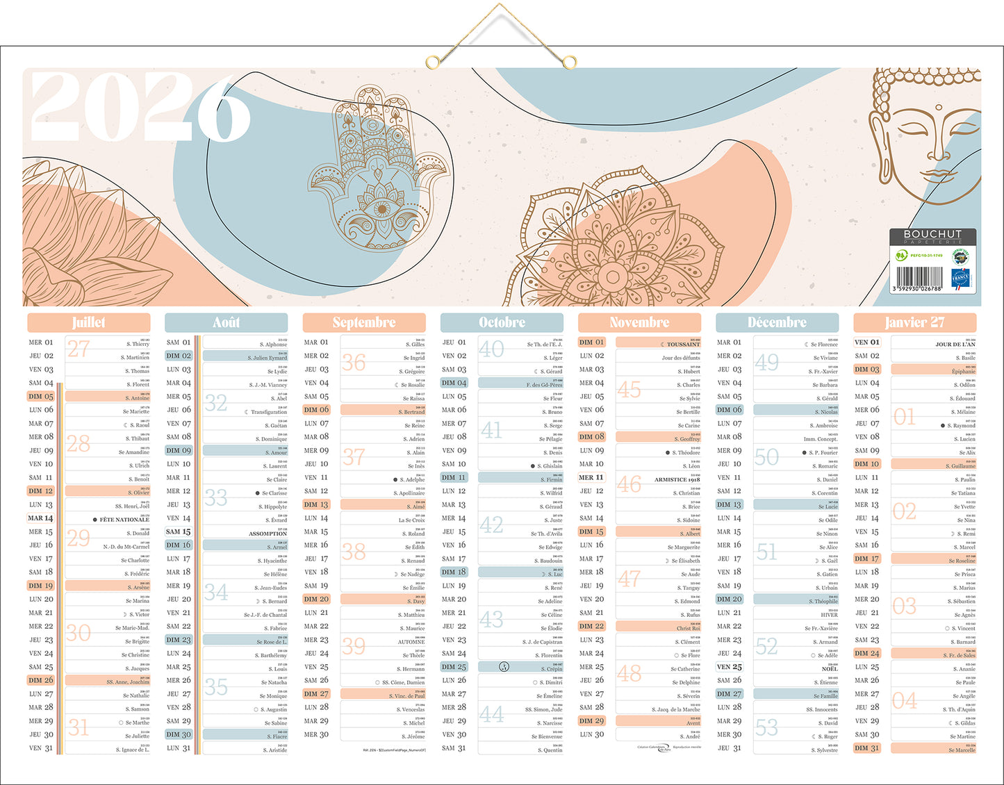 Calendrier mural 2x7 mois - format 43x55 cm