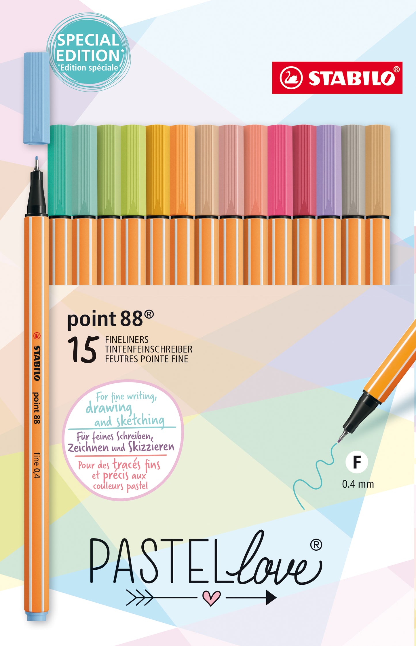 Feutres point 88 - 15 couleurs pastel, pointe fine 0.4 mm