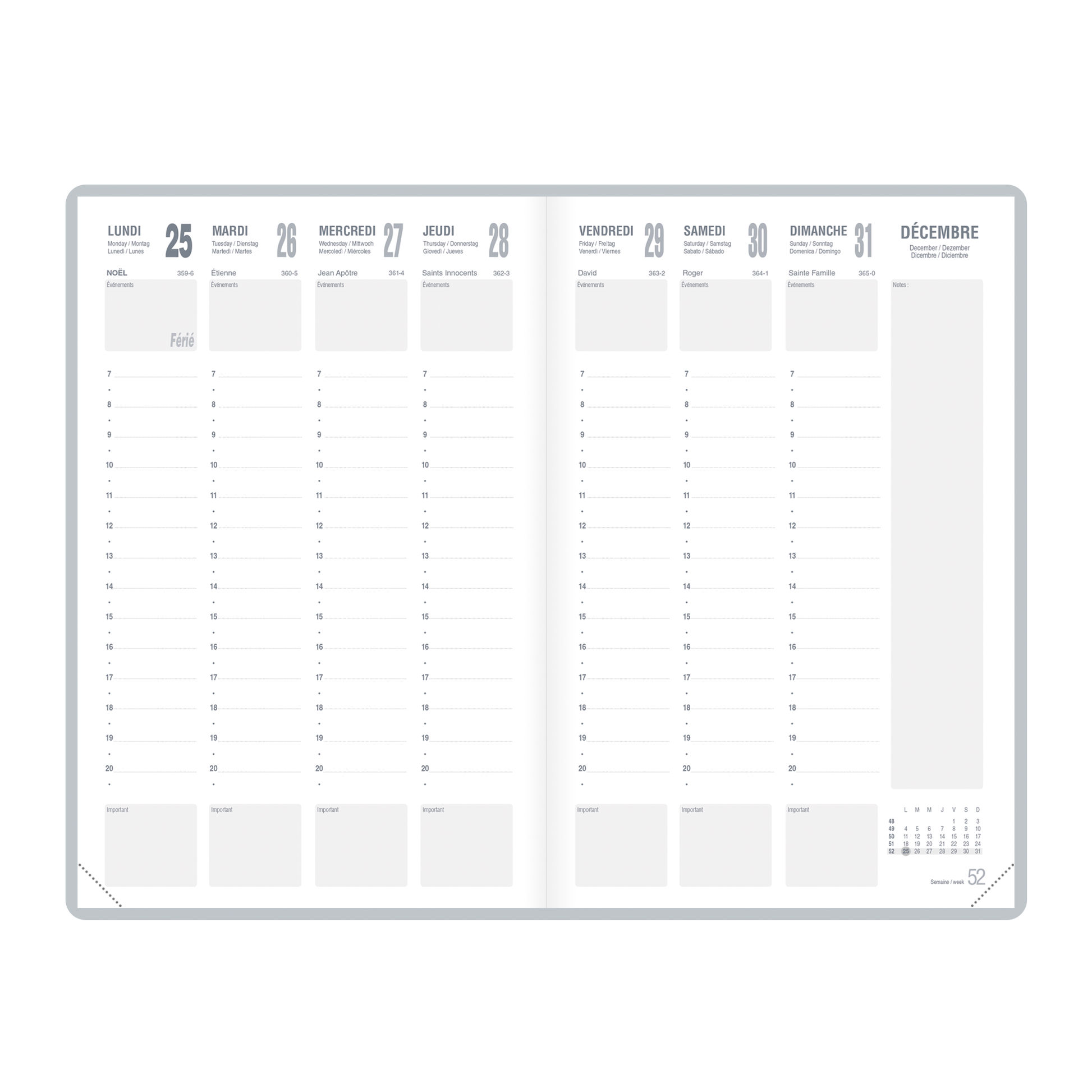 Agenda semainier 16x24 cm - couverture souple noire