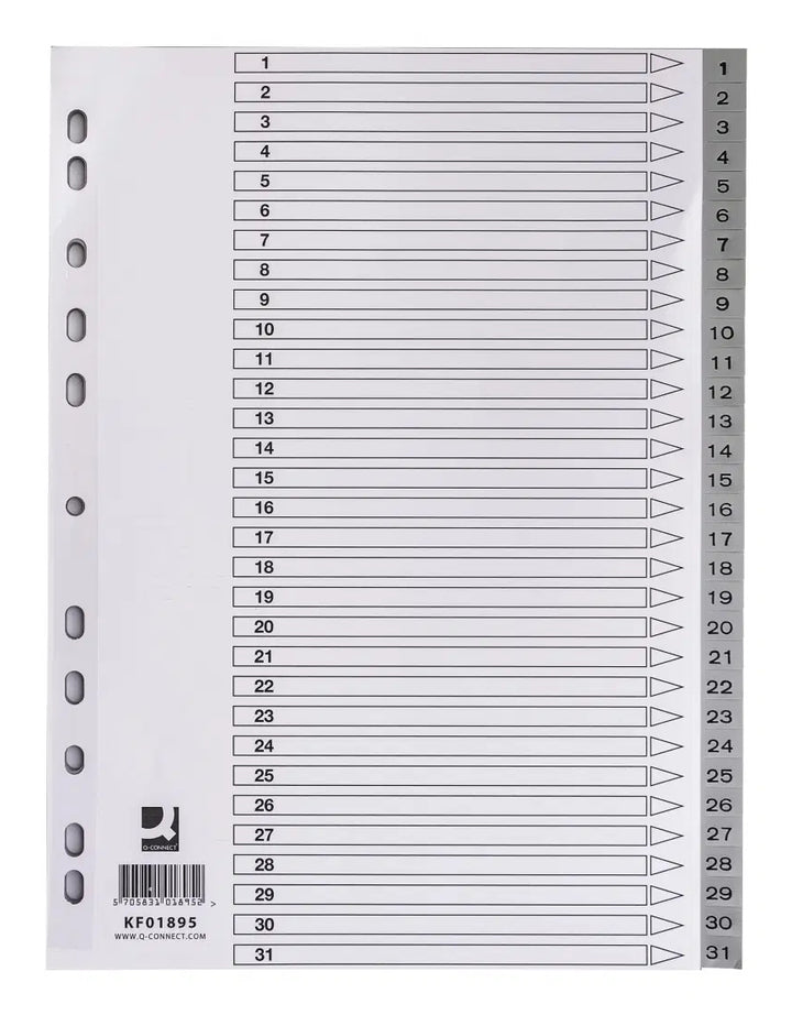 Intercalaires A4 numeriques 1-31 polypro gris