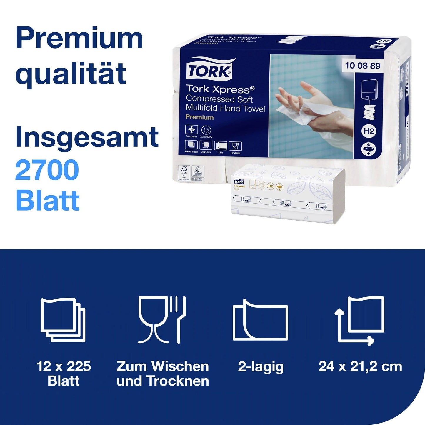 Essuie-mains blanc premium H2 Tork 225 feuilles