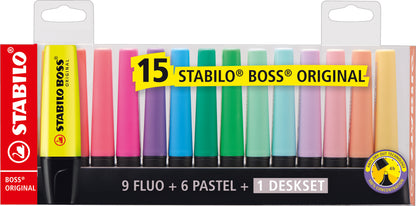 SurligneurStabilo boss  set de bureau - 15 couleurs fluorescentes