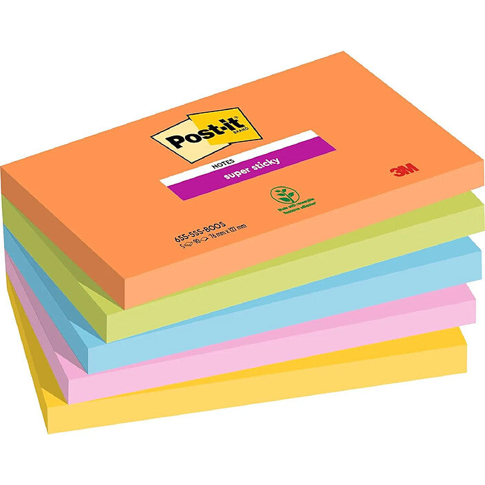 Notes repositionnables Post-it 76x127 - adhésion renforcée, 90 feuilles  lot de 5 assorties