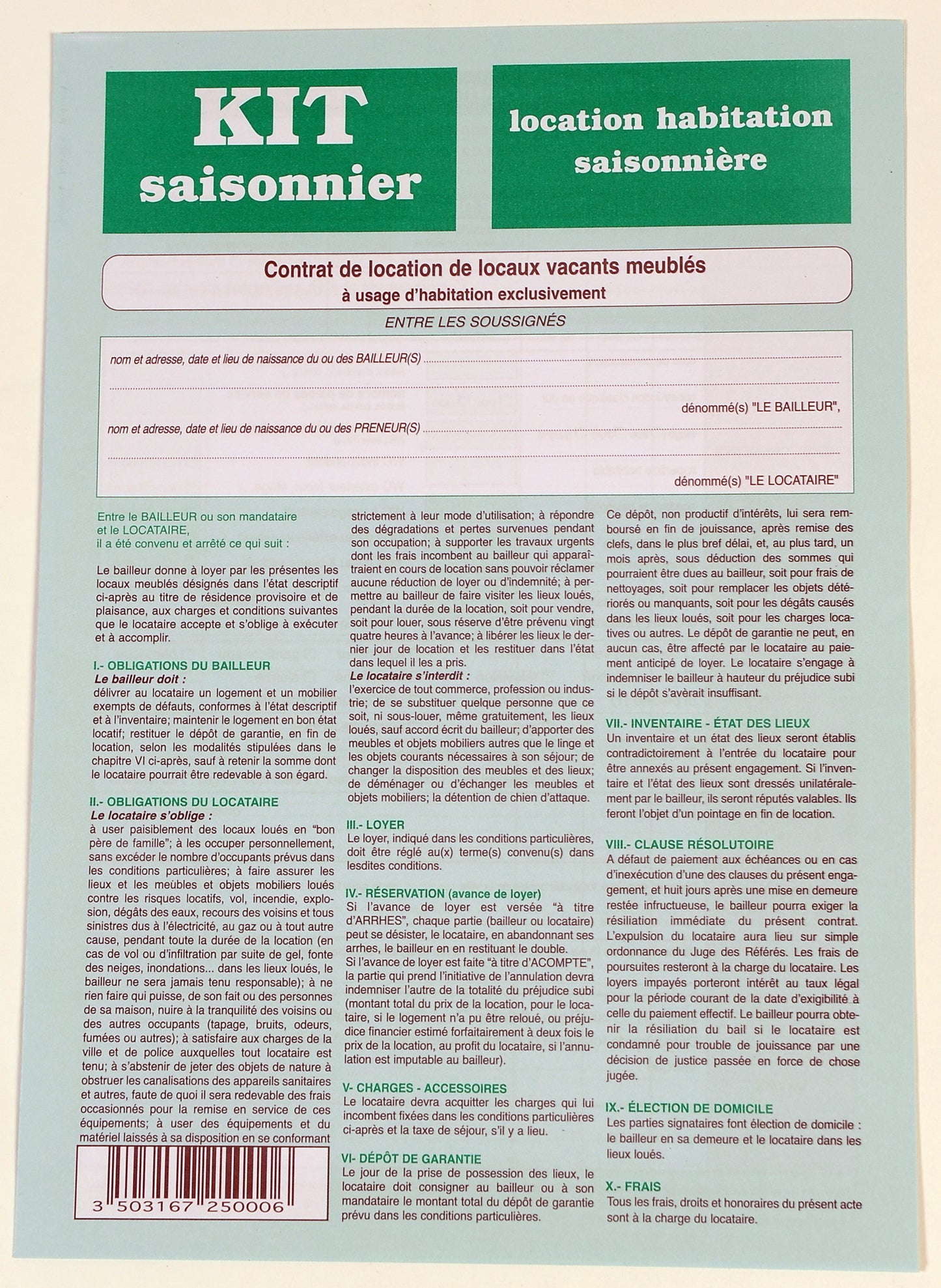Kit de formulaires saisonniers - Contrat de location A4