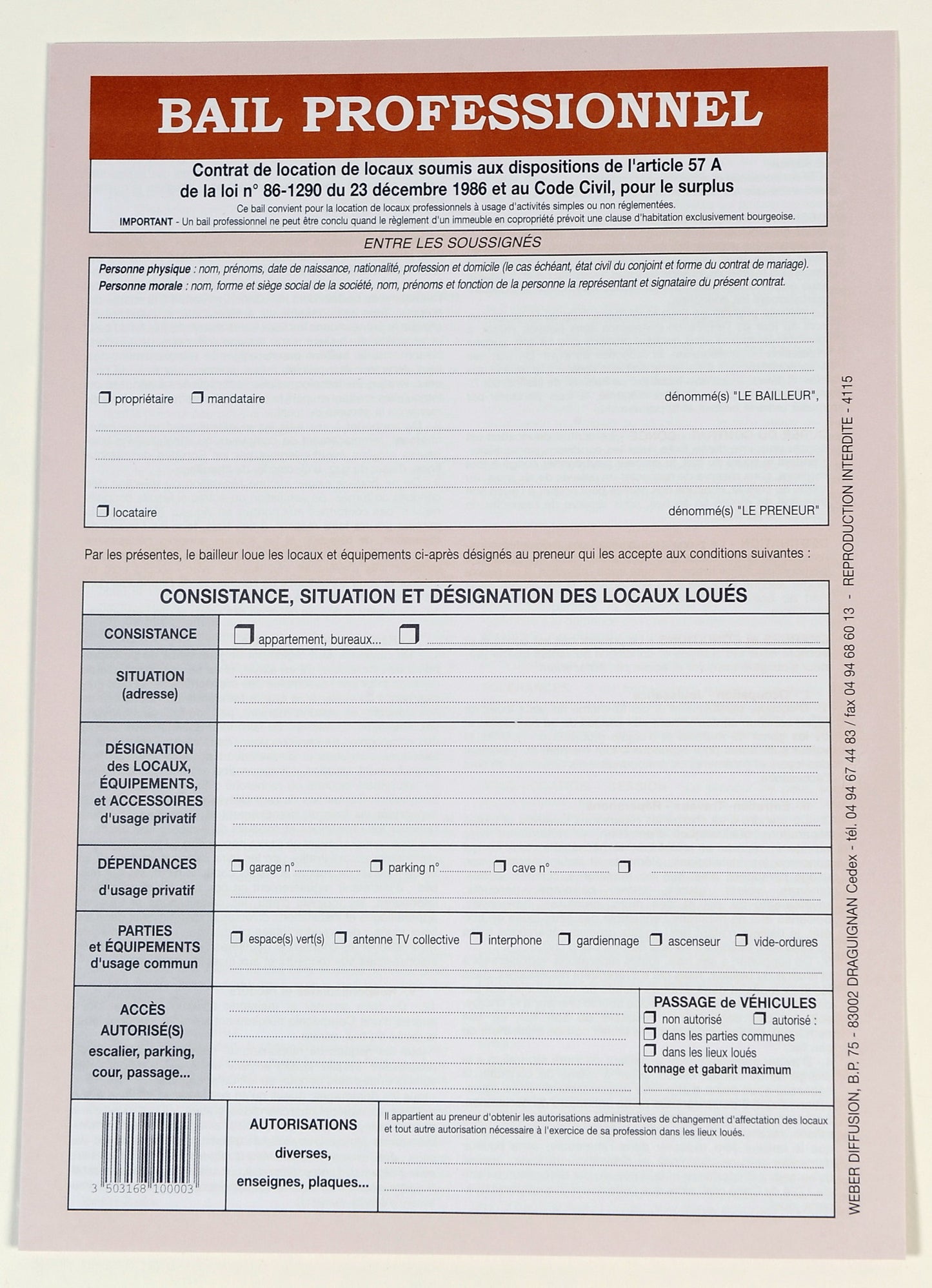 Kit de formulaires bail professionnel - 8 pages incluses