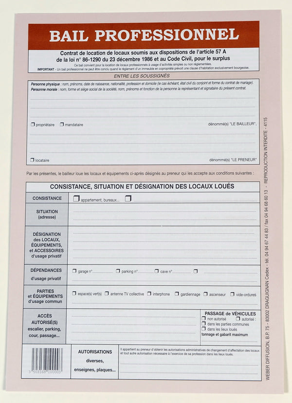 Kit de formulaires bail professionnel - 8 pages incluses