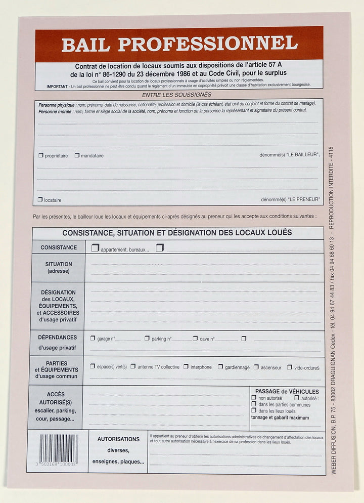 Kit de formulaires bail professionnel - 8 pages incluses