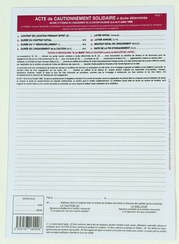 Formulaire acte de caution solidaire - duplicata autocopiant