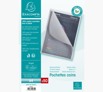 Pochette coin papier A4 blanc translucide paquet de 50