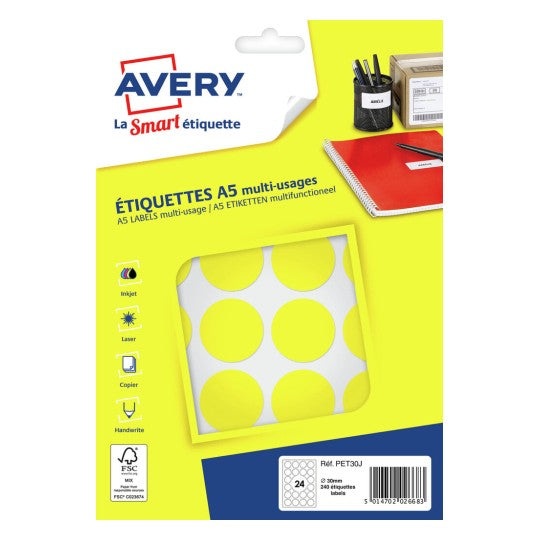 Pastille adhésive 30mm jaune -sachet de 240