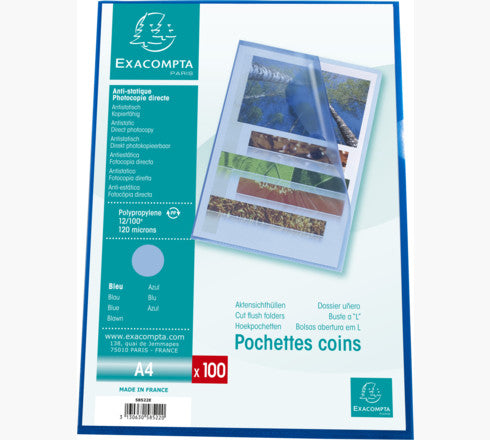 Pochette coin polypro grainée 12/100e sachet de 100-bleu