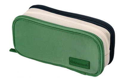 Trousse funky 3 fermetures eclair verte blanche et bleue