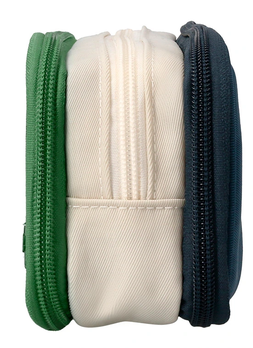 Trousse funky 3 fermetures eclair verte blanche et bleue