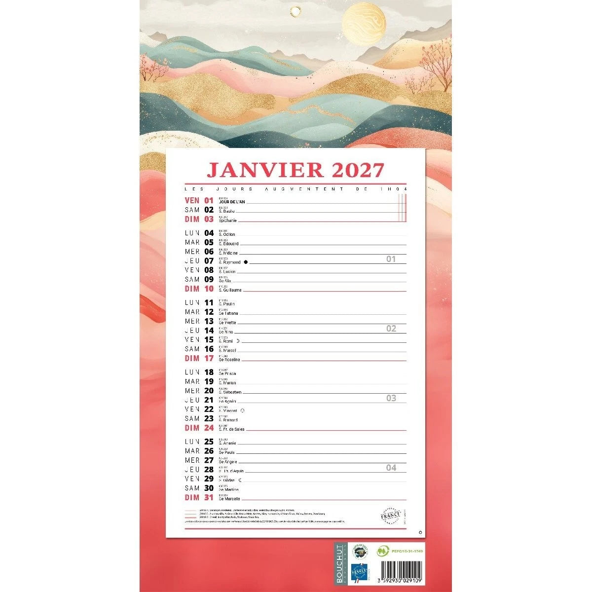 Calendrier mensuel 19x42cm -rouge