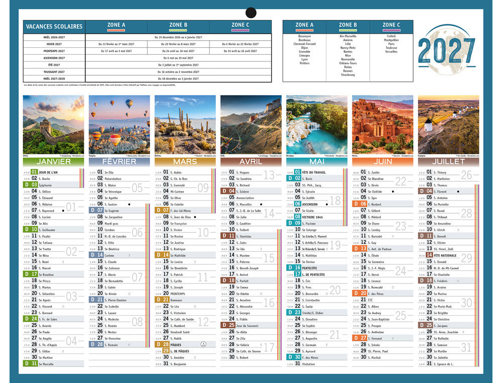 calendrier mural illustré  14mois 43x55cm - planete