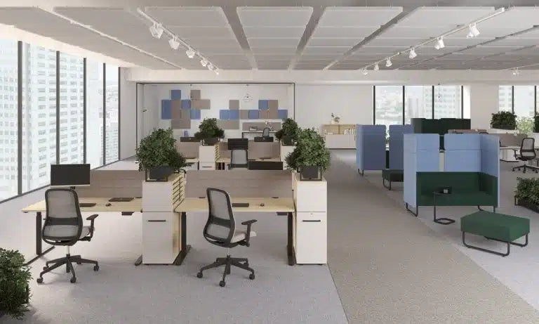Un espace de travail complet. Bureau, chaise, caisson de rangement et zone de pause
