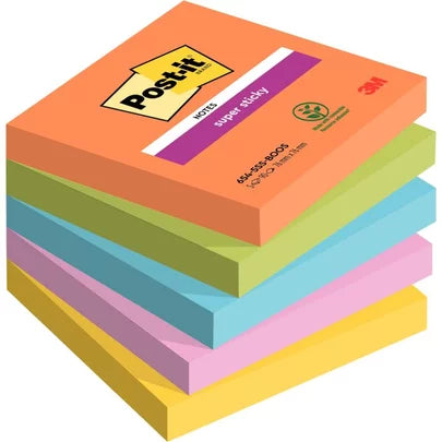 Notes repositionnables Post-it 76x76- adhésion renforcée, 90 feuilles  lot de 5 assorties